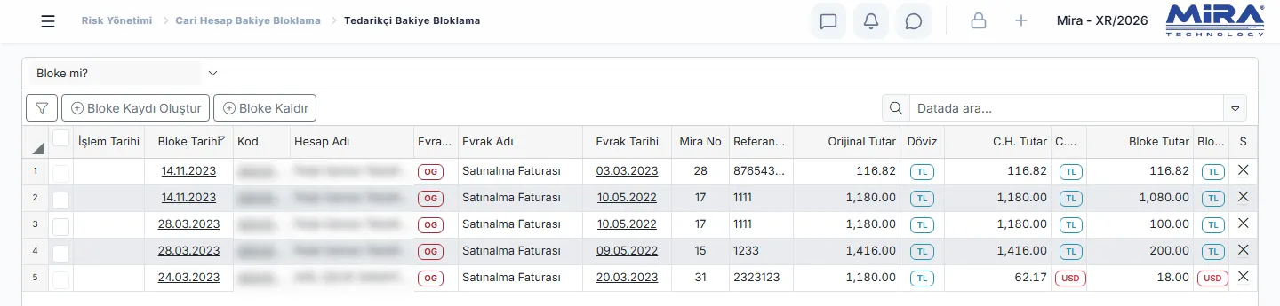 Tedarikçi Bakiye Bloklama listesi: bloke tarihi, tedarikçi (gizlenmiş), evrak, tutar ve bloke tutarı
