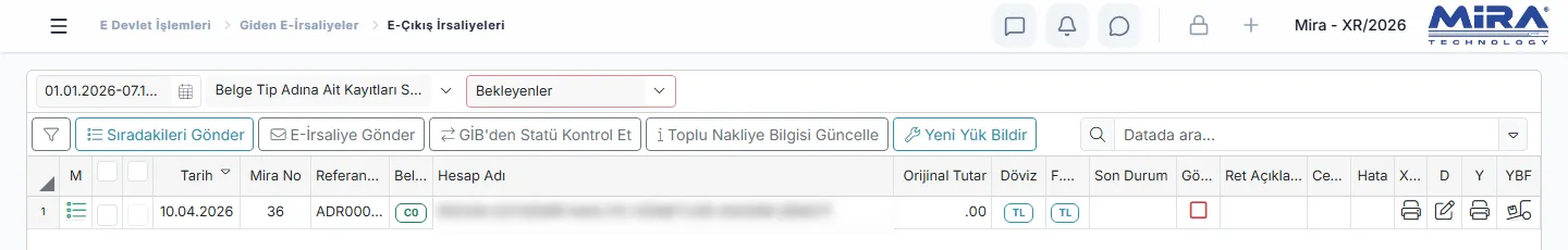 E-Çıkış İrsaliyeleri listesi: gönderim düğmeleri, bekleyen irsaliye, alıcı (gizlenmiş) ve durum sütunları