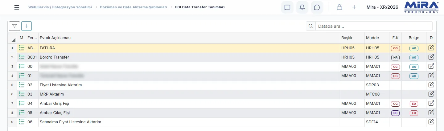 EDI Data Transfer Tanımları listesi: evrak kodu, evrak açıklaması (fatura, ambar giriş ve çıkış fişi, fiyat listesine aktarım), başlık ve madde tabloları, belge tipi