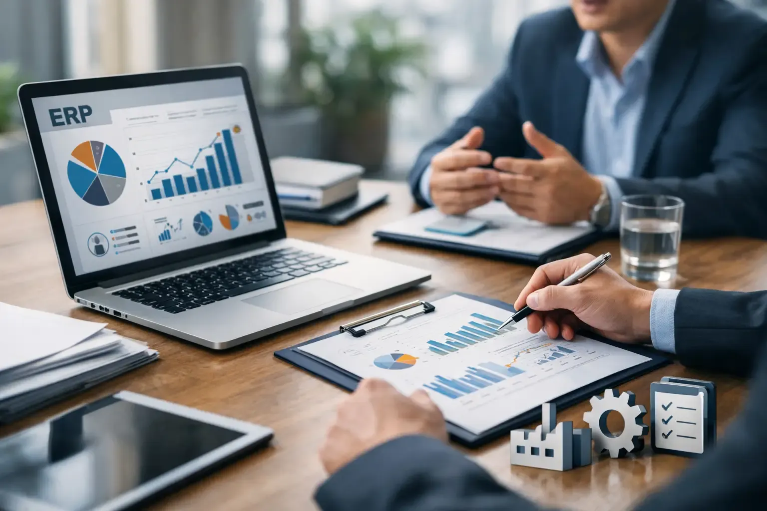 ERP raporu açık dizüstü bilgisayarın yanında grafik inceleyen yönetici
