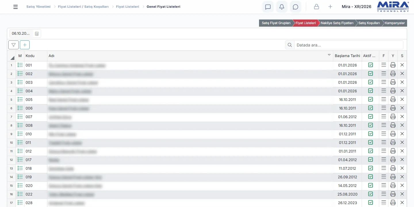 Mira ERP Genel Fiyat Listeleri ekranı: liste kodu, adı, başlama tarihi ve aktiflik durumu (liste adları gizlenmiş)