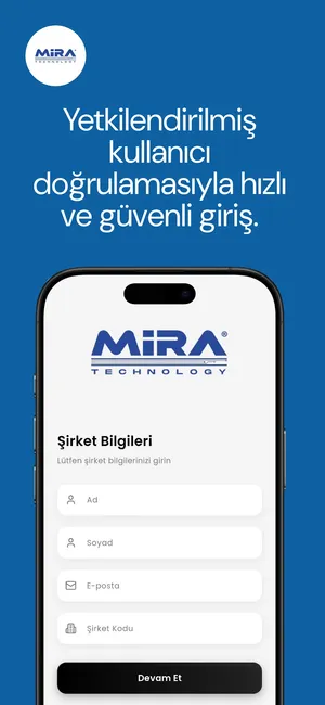 MiraXR giriş ekranı: yetkilendirilmiş kullanıcı doğrulamasıyla şirket bilgileri girişi