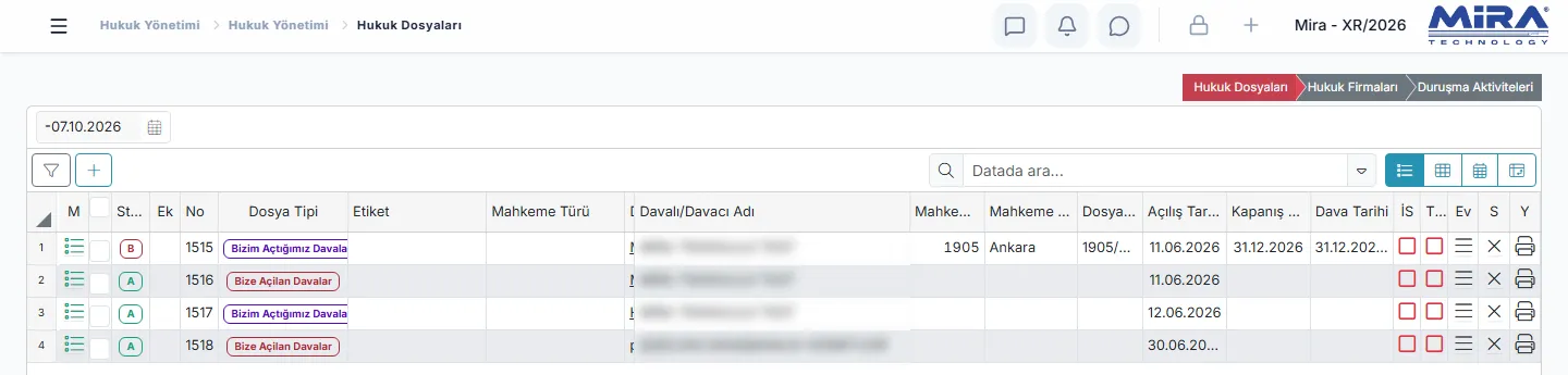 Hukuk Dosyaları listesi: dosya numarası, dosya tipi, davalı/davacı (gizlenmiş), mahkeme, açılış ve dava tarihleri
