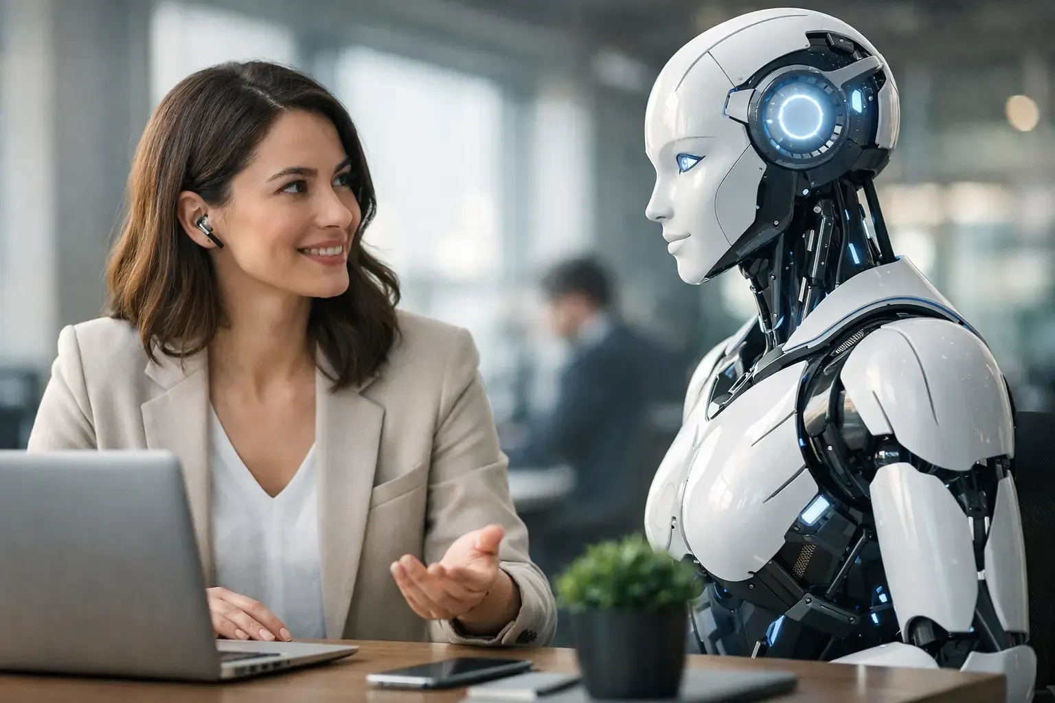 Ofiste gülümseyen bir çalışan ve yanında insansı bir robot asistan