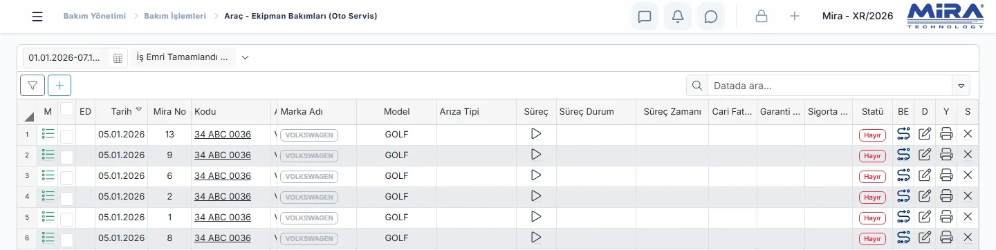 Mira ERP Araç - Ekipman Bakımları (Oto Servis) ekranı: iş emri tarihi ve numarası, araç kodu, marka ve model, süreç, cari, garanti ve sigorta fatura sütunları