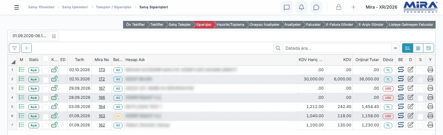 Satış Siparişleri listesi: statü, kilit, tarih, sipariş numarası, müşteri (gizlenmiş), KDV hariç tutar, KDV ve döviz