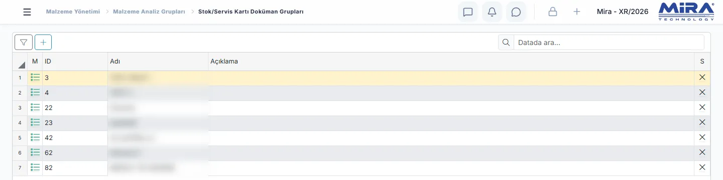 Stok/Servis Kartı Doküman Grupları listesi: grup numarası, adı (gizlenmiş) ve açıklaması
