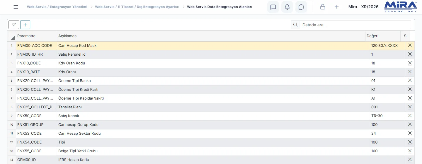 Web Servis Data Entegrasyon Alanları listesi: parametre, açıklaması ve değeri; cari hesap kod maskı, KDV oranı, ödeme tipleri, tahsilat planı, depo ve satış koşulu